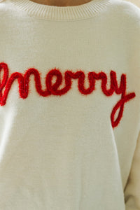 Be Merry Cream White Script Sweater