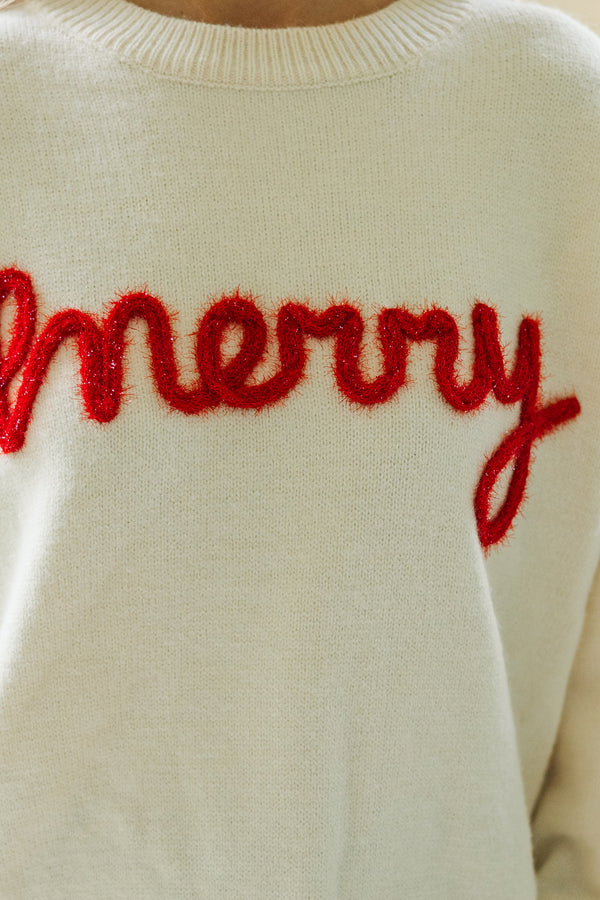 Be Merry Cream White Script Sweater