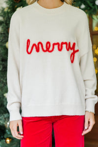 Be Merry Cream White Script Sweater