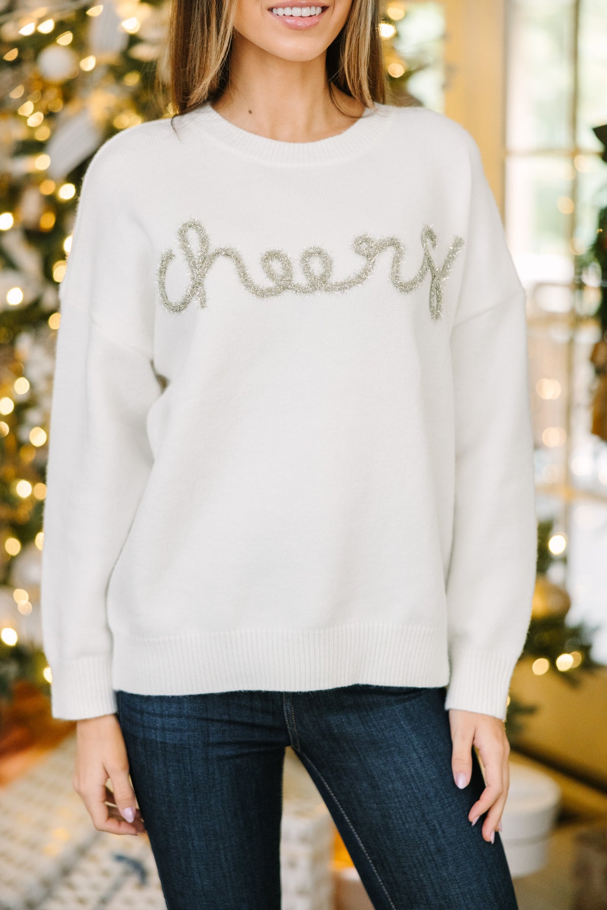 All Cheer Cream White Script Sweater Shop the Mint