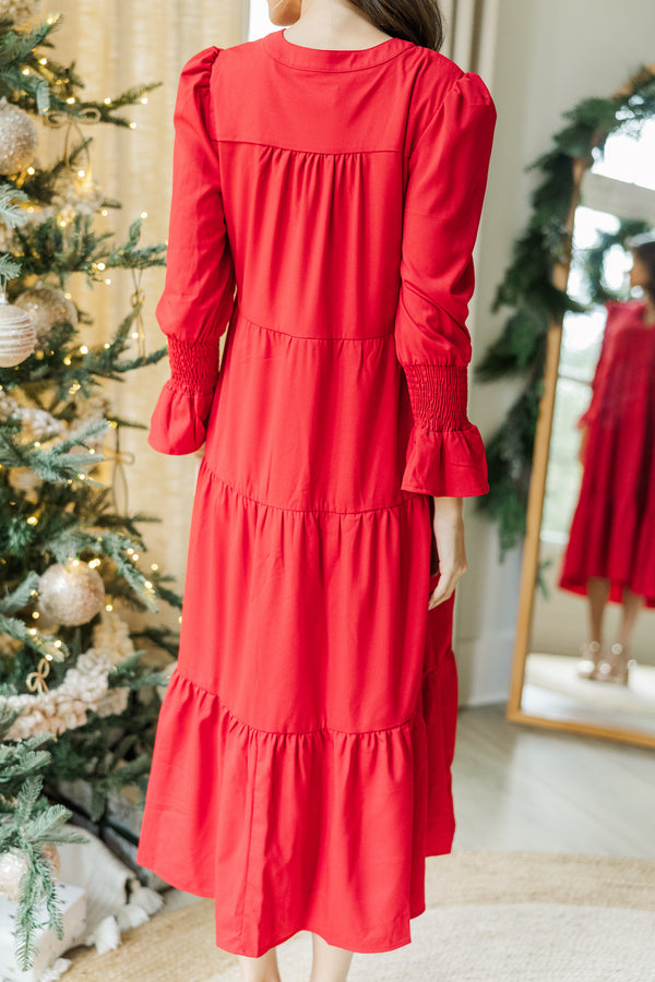 red long sleeve midi dress What A Surprise Red Ruffled Midi Dress, Large - The Mint Julep Boutique