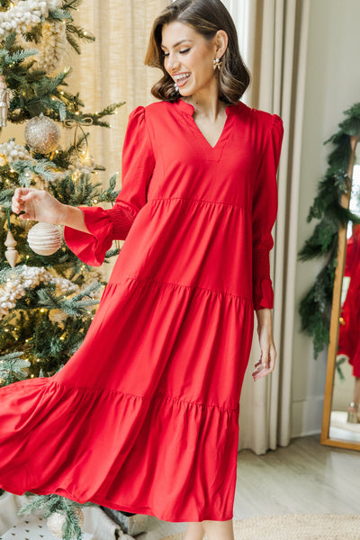 What A Surprise Red Ruffled Midi Dress – Shop the Mint