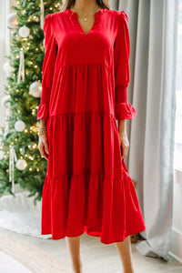 What A Surprise Red Tiered Midi Dress