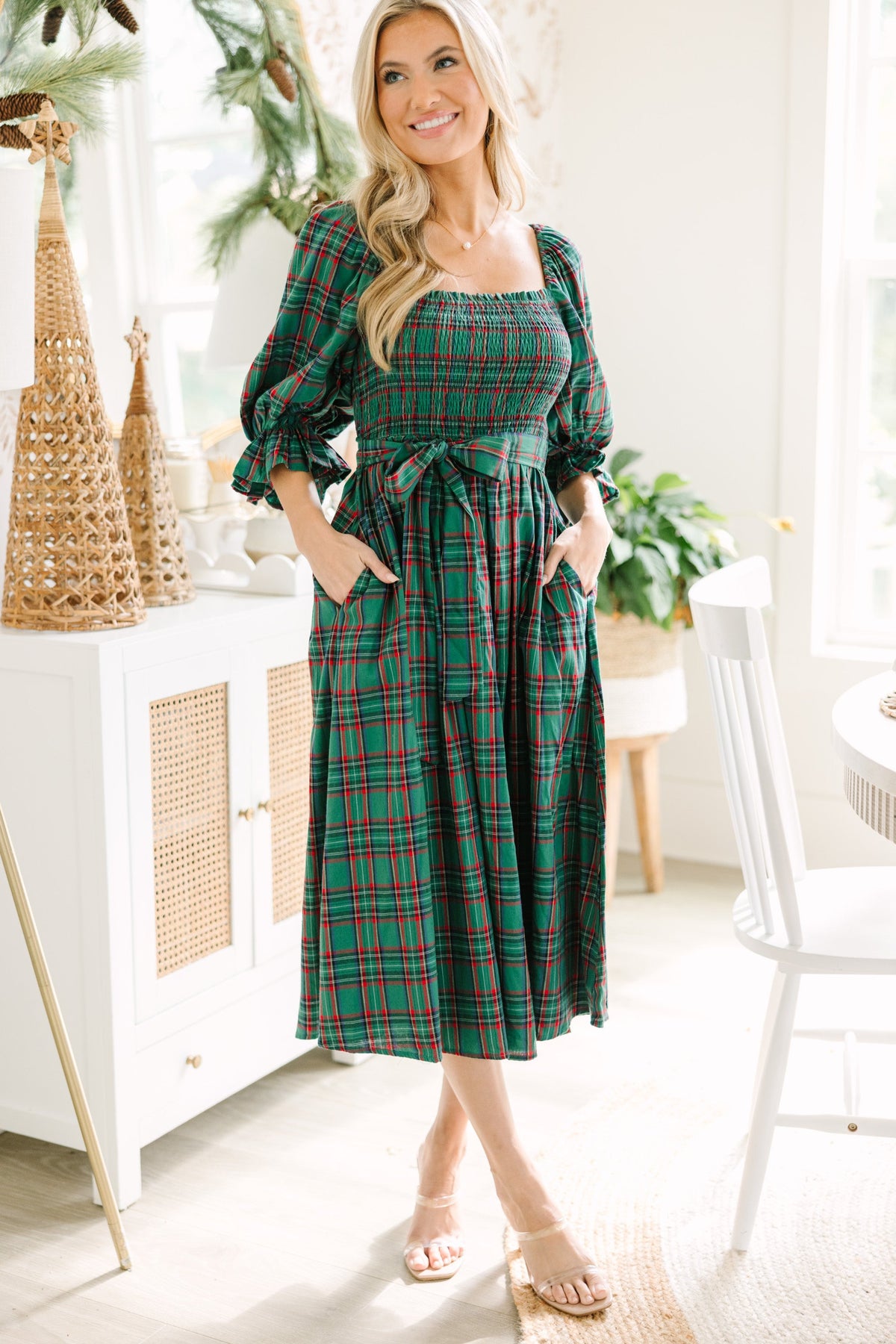 tartan maxi dress KJP Women's Maple Lake Trail Long Sleeve Flannel Belted Kiel James Patrick tie sash All I Want Green Tartan
