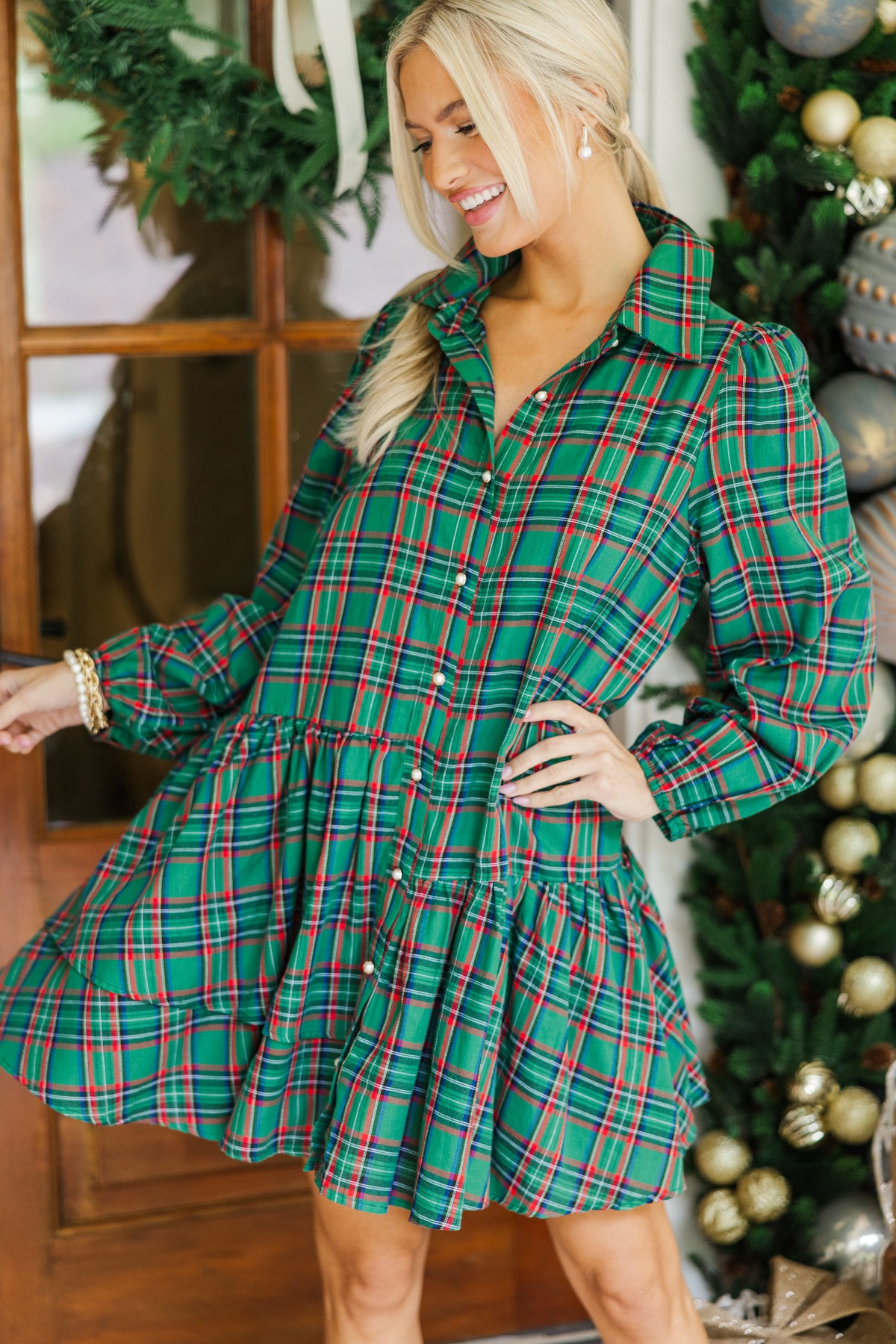Gold-Buttoned Plaid Knit Dress　　Mサイズ 110138.It-s-Your-Place-Green-