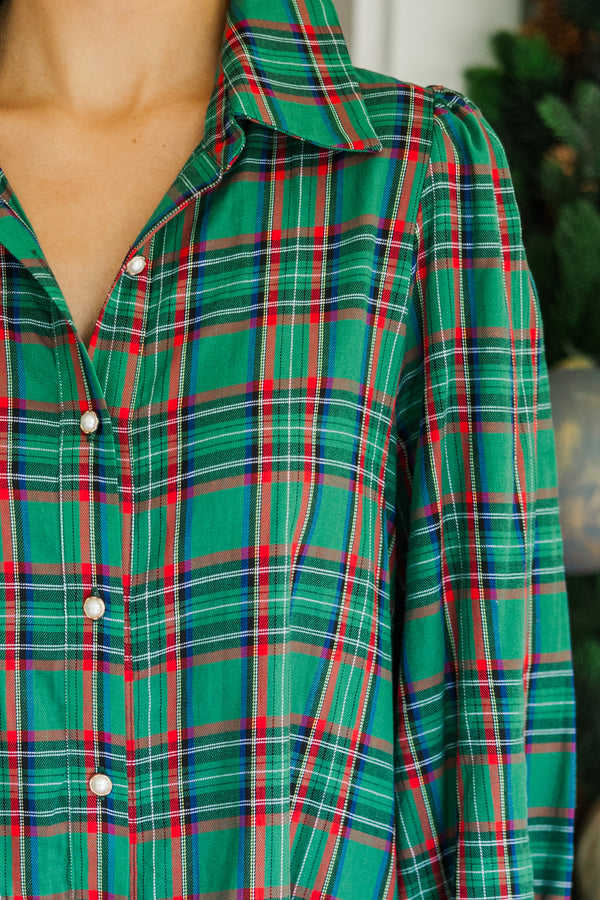 It's Your Place Green Plaid Button Down Dress