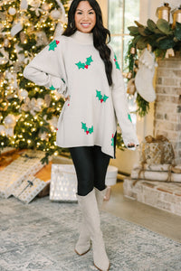 holiday oversized sweater, holly printed sweater, festive sweater, boutique holiday sweaters