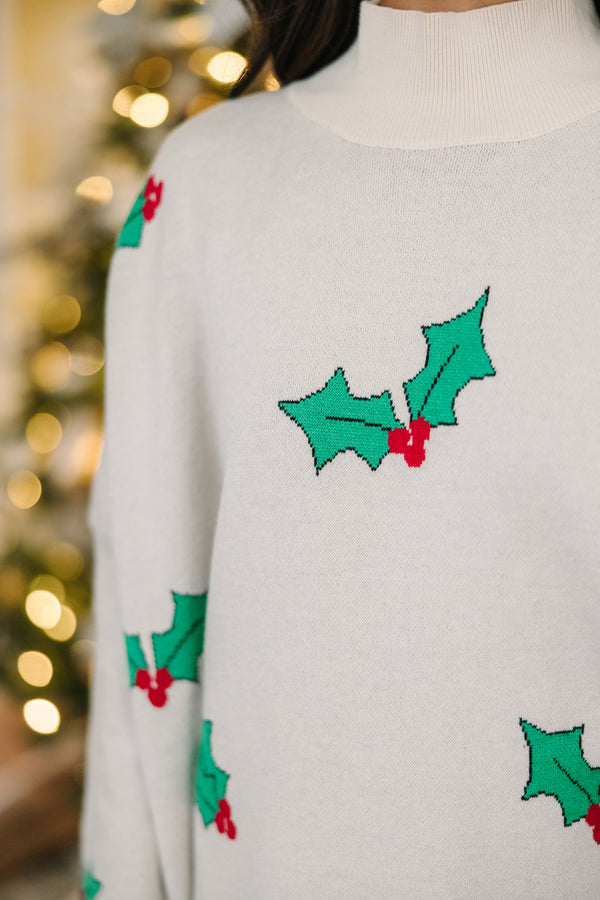 holiday oversized sweater, holly printed sweater, festive sweater, boutique holiday sweaters