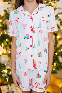 Girls: Staying In White Holiday Print S/S Pajama Set