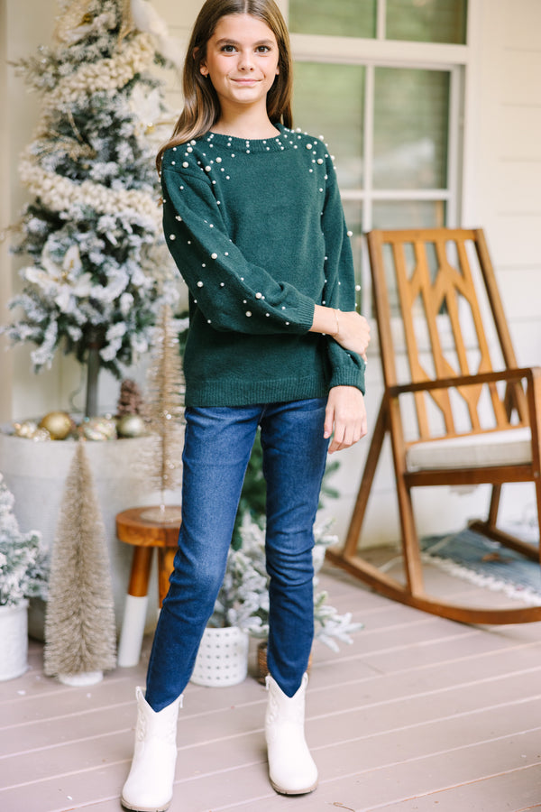 Girls: Can't Help But Love Emerald Green Pearl Studded Sweater