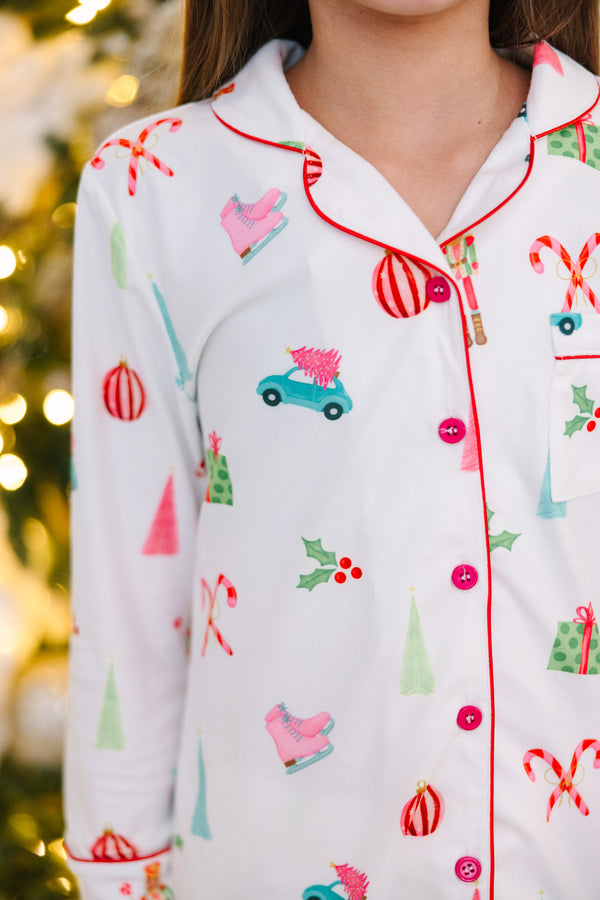 Girls: Staying In White Holiday Print L/S Pajama Set