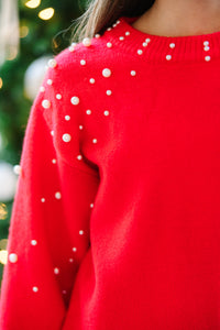 Girls: Can't Help But Love Red Pearl Studded Sweater