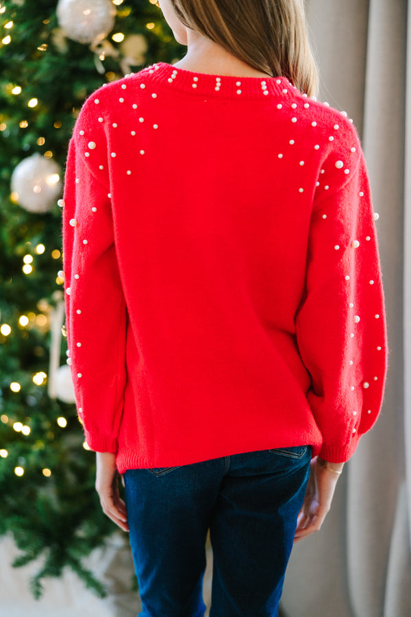 Girls: Can't Help But Love Red Pearl Studded Sweater