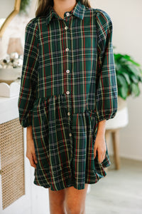 Girls: It's Your Place Green Plaid Button Down Dress