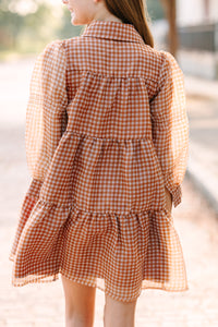 Girls: Take The Leap Butterscotch Brown Plaid Dress