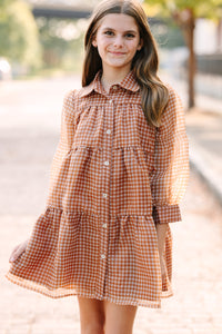 Girls: Take The Leap Butterscotch Brown Plaid Dress