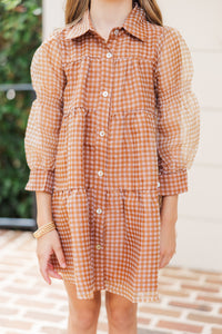 Girls: Take The Leap Butterscotch Brown Plaid Dress