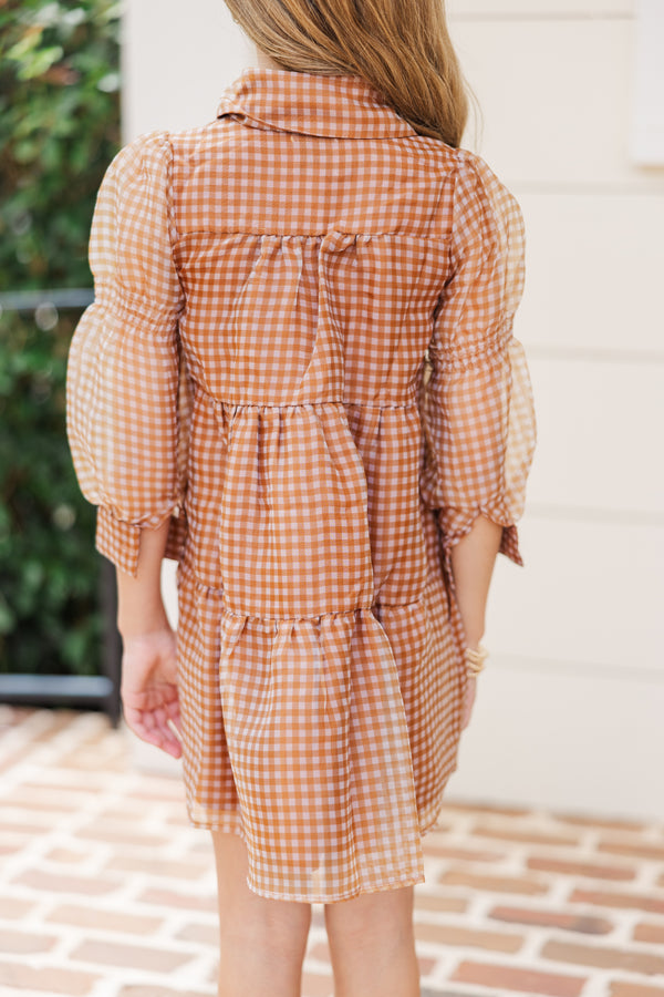 Girls: Take The Leap Butterscotch Brown Plaid Dress