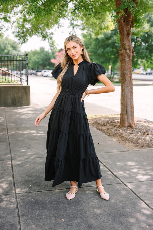 womens black tiered midi dress Black Cotton Waffle Square Neck Tiered Midi Dress 38" / Tall (5'7" and above)
