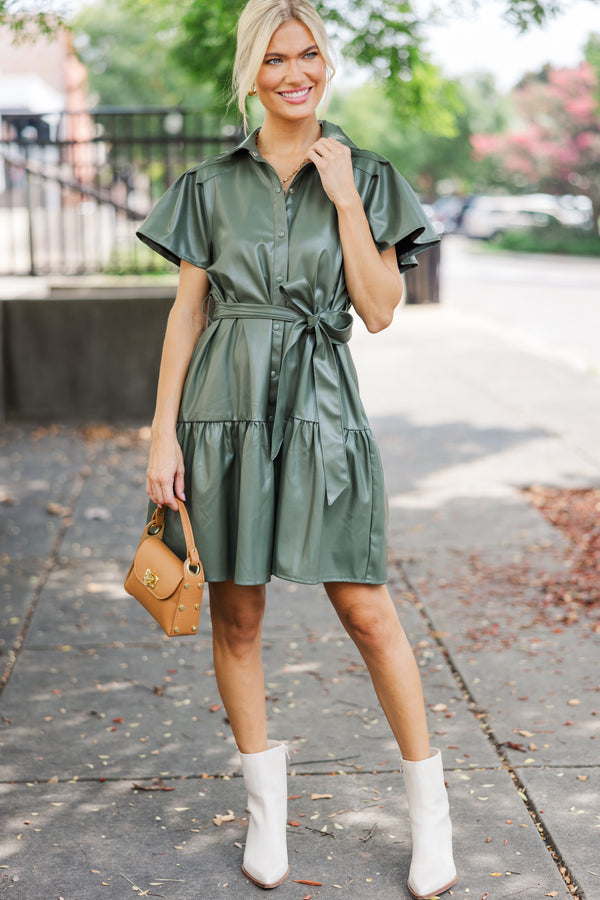 Look Of Love Olive Green Faux Leather Dress