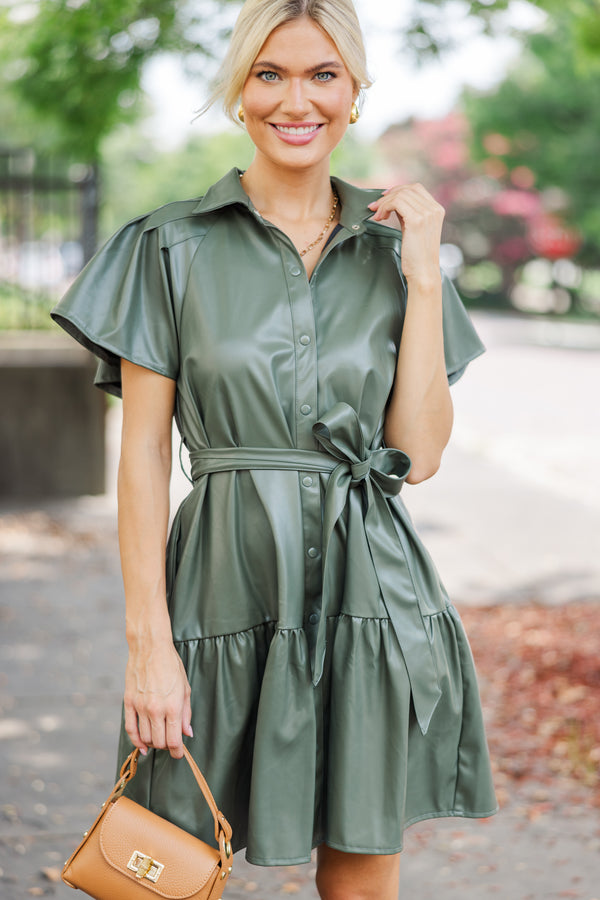 Look Of Love Olive Green Faux Leather Dress