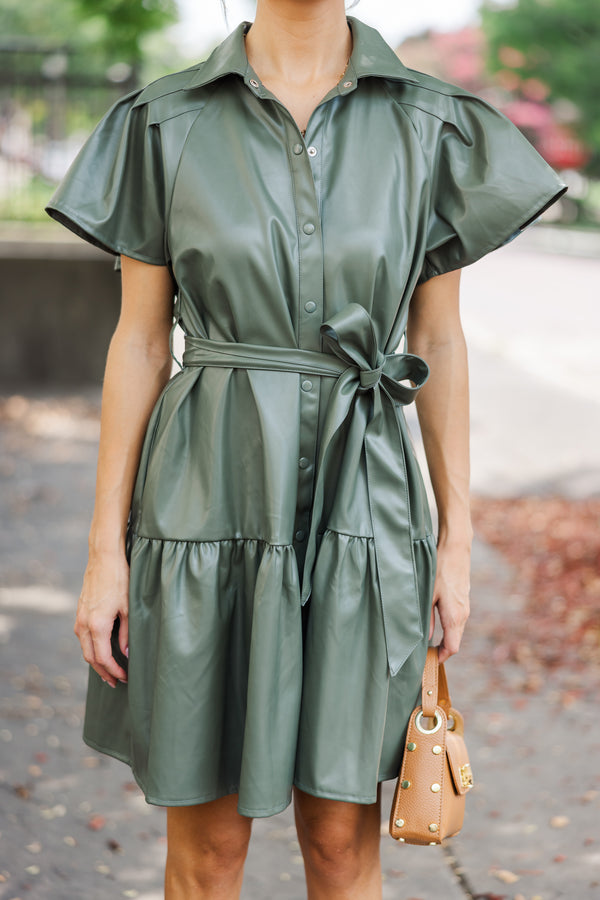 Look Of Love Olive Green Faux Leather Dress