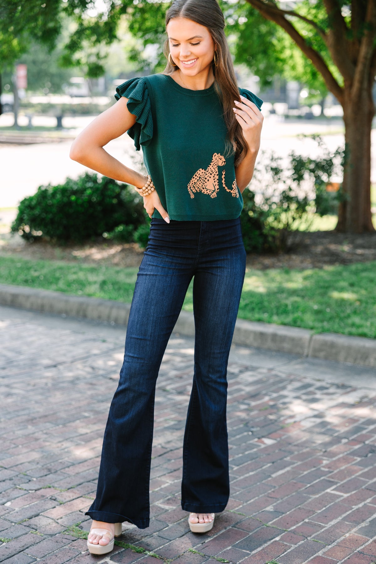 Talk This Way Cheetah Print Sweater with Ruffle Cap Sleeves in Green main image 1