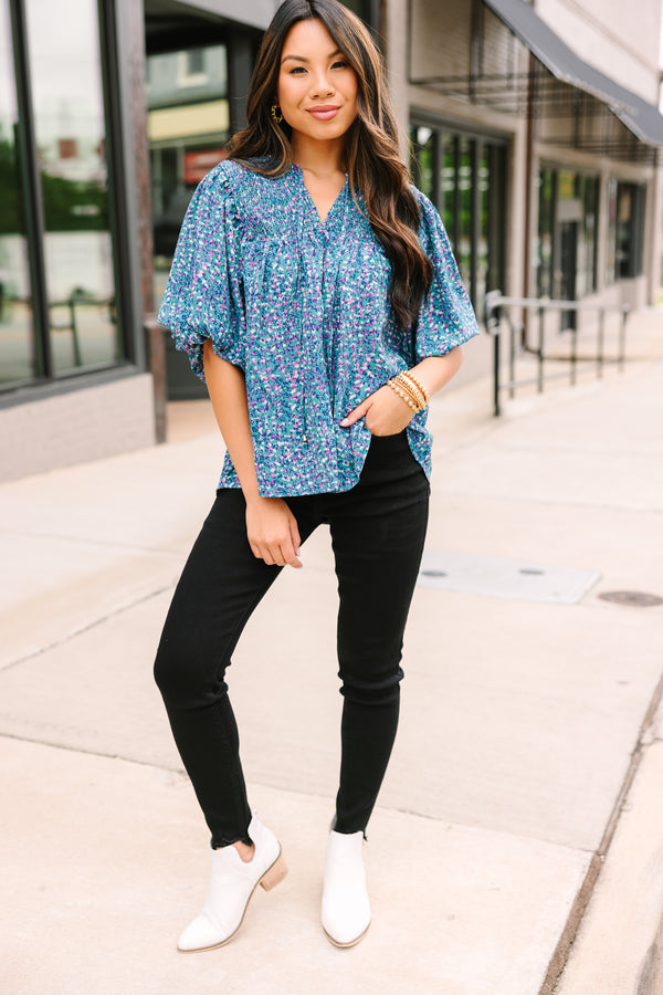 All For You Teal Blue Abstract Blouse