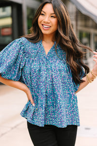 All For You Teal Blue Abstract Blouse