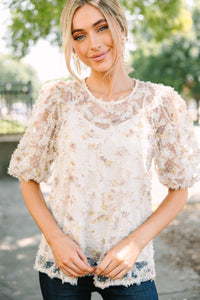 Meet In The Garden Natural White Textured Floral Blouse