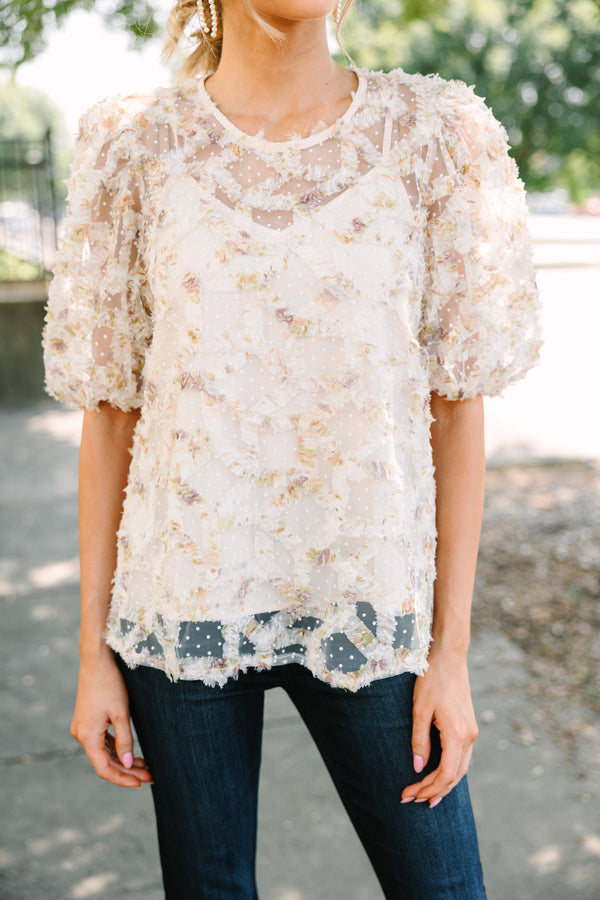 Meet In The Garden Natural White Textured Floral Blouse