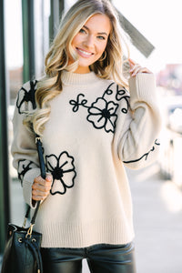 floral embroidered sweater, trendy women's sweaters, neutral sweaters for women
