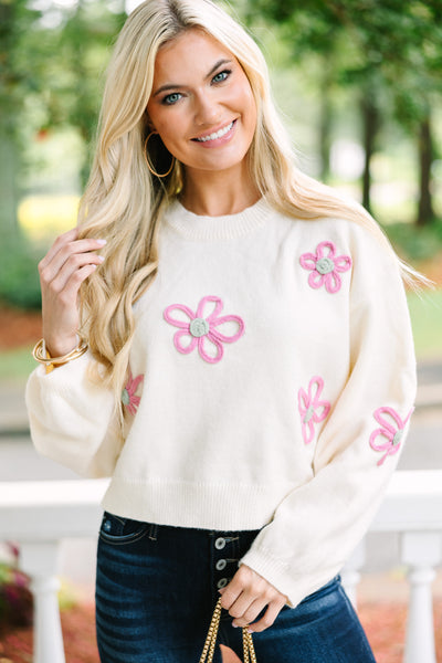 Feeling Femme Cream White Floral Sweater - Feeling Femme Cream White Floral Sweater