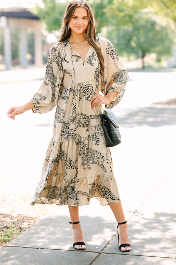 Queen Of The Jungle Taupe Brown Cheetah Print Midi Dress Queen Of The Jungle Taupe Brown Cheetah Print Midi Dress
