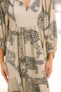 Queen Of The Jungle Taupe Brown Cheetah Print Midi Dress