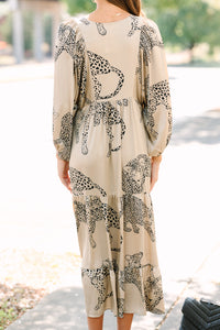 Queen Of The Jungle Taupe Brown Cheetah Print Midi Dress