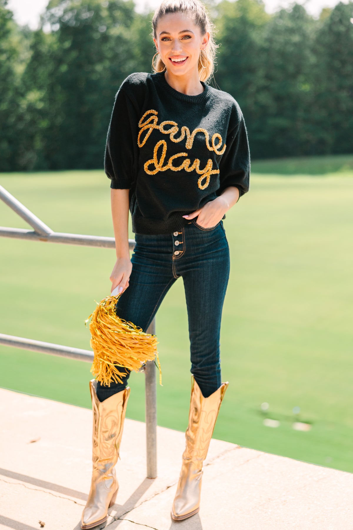 It's Game Day Black/Gold Puff Sleeve Sweater Shop the Mint It's Game Day Black/Gold Puff Sleeve Sweater Shop the Mint