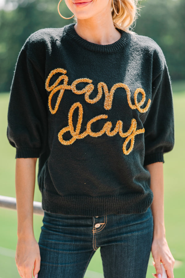It's Game Day Black/Gold Puff Sleeve Sweater