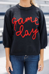 It's Game Day Black/Red Puff Sleeve Sweater