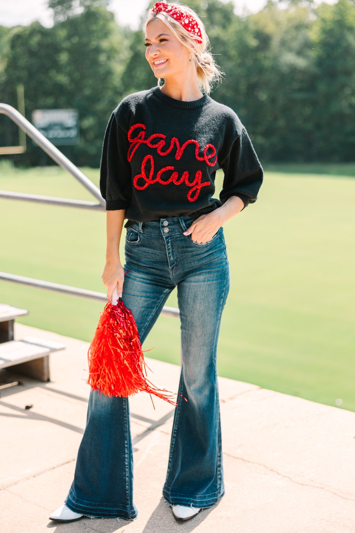 It's Game Day Black/Red Puff Sleeve Sweater Shop the Mint