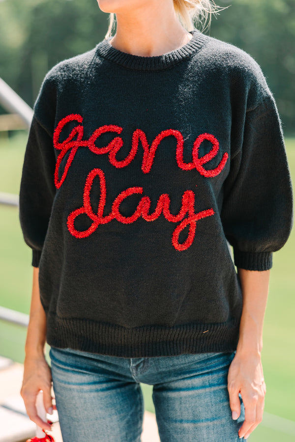 It's Game Day Black/Red Puff Sleeve Sweater