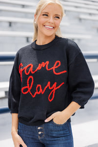 It's Game Day Black/Red Puff Sleeve Sweater