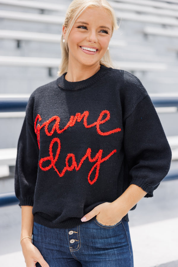 It's Game Day Black/Red Puff Sleeve Sweater