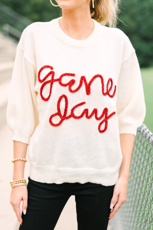 It's Game Day Ivory/Red Puff Sleeve Sweater