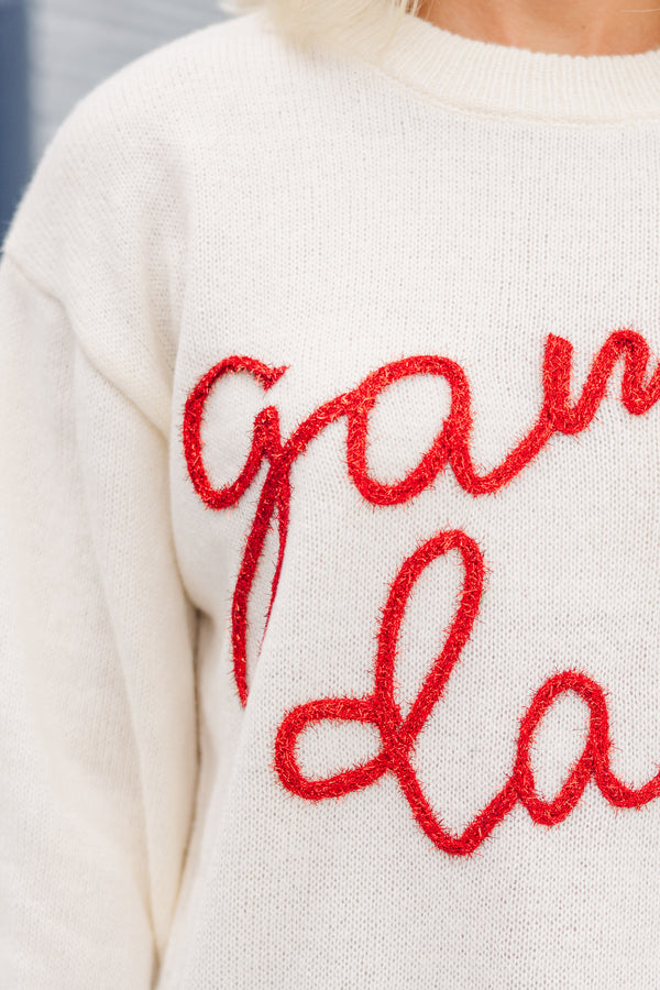 It's Game Day Ivory/Red Puff Sleeve Sweater