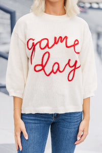 It's Game Day Ivory/Red Puff Sleeve Sweater