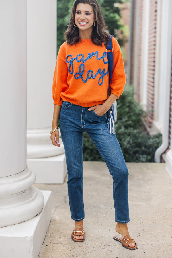 It s Game Day Orange Blue Puff Sleeve Sweater Shop the Mint