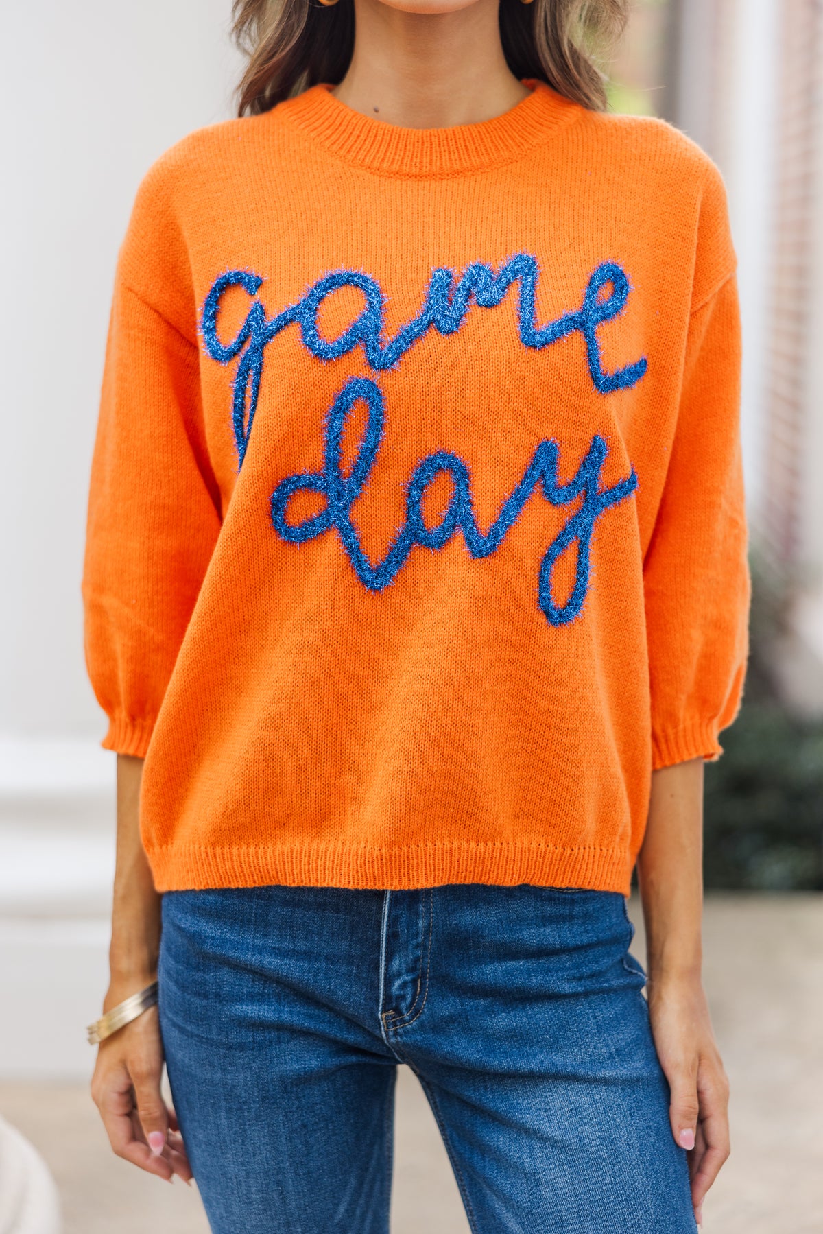 It s Game Day Orange Blue Puff Sleeve Sweater X Large The Mint Julep Boutique Women s Boutique Clothing