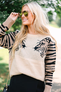 tiger sweater, boutique sweaters, neutral sweaters