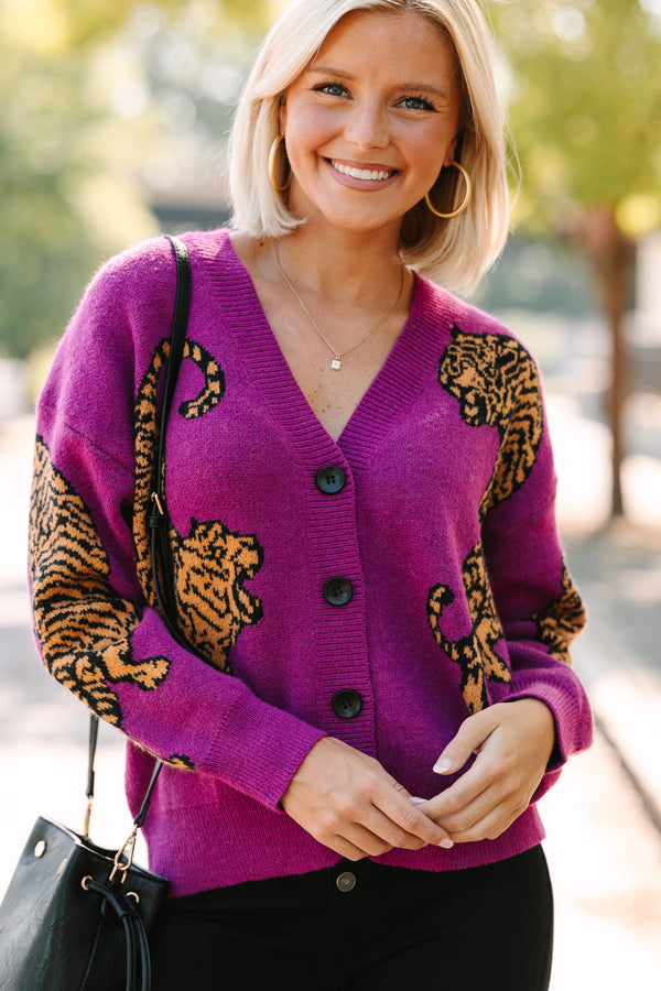 purple cardigans for women, tiger printed cardigan, bold cardigans, boutique cardigans